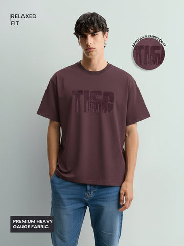Men's Purple Relaxed Fit Embroided 240 GSM Casual T-Shirt