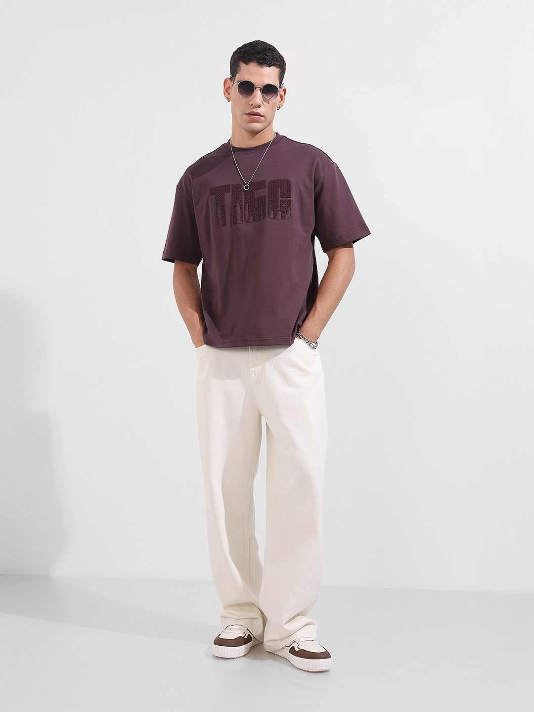 Men's Purple Relaxed Fit Embroided 240 GSM Casual T-Shirt