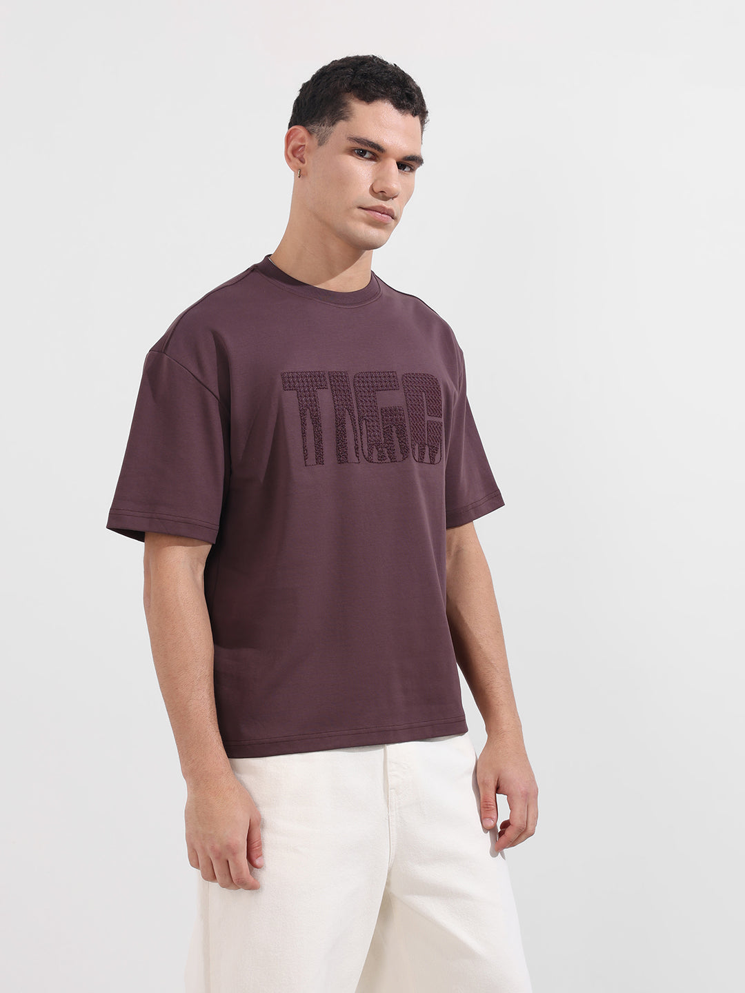 Men's Purple Relaxed Fit Embroided 240 GSM Casual T-Shirt