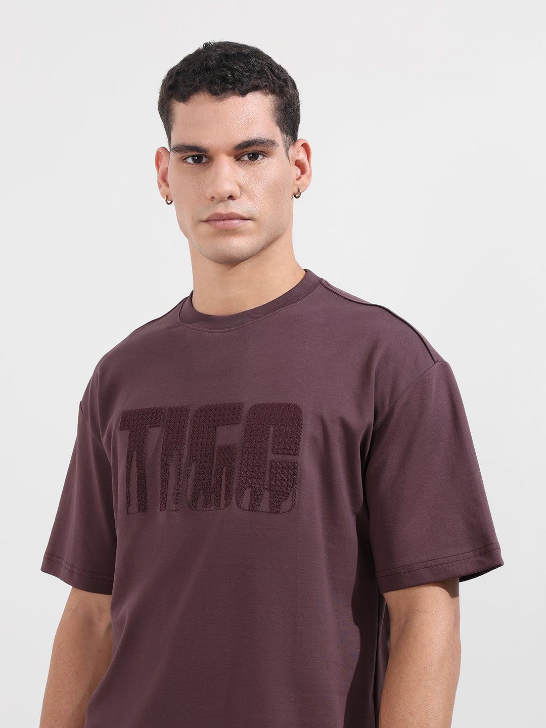 Men's Purple Relaxed Fit Embroided 240 GSM Casual T-Shirt