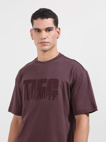 Men's Purple Relaxed Fit Embroided 240 GSM Casual T-Shirt