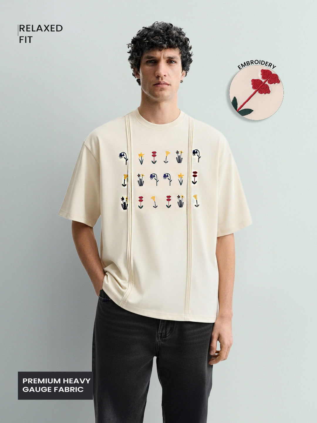 Men's Cream Relaxed Fit Embroided 240 GSM Resort Wear T-Shirt