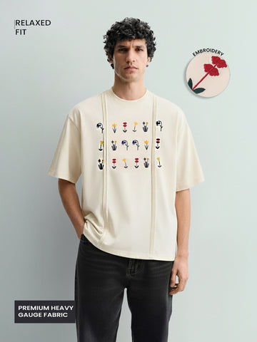Men's Cream Relaxed Fit Embroided 240 GSM Resort Wear T-Shirt