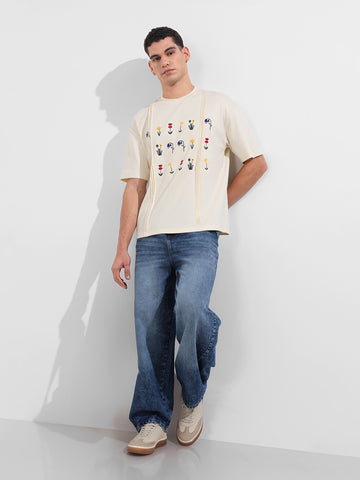 Men's Cream Relaxed Fit Embroided 240 GSM Resort Wear T-Shirt