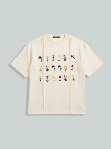 Men's Cream Relaxed Fit Embroided 240 GSM Resort Wear T-Shirt