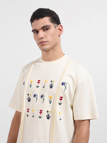Men's Cream Relaxed Fit Embroided 240 GSM Resort Wear T-Shirt