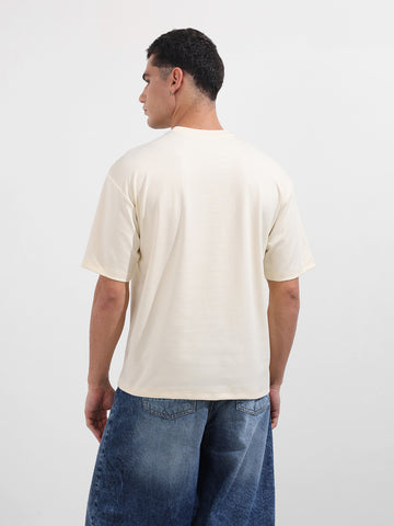 Men's Cream Relaxed Fit Embroided 240 GSM Resort Wear T-Shirt