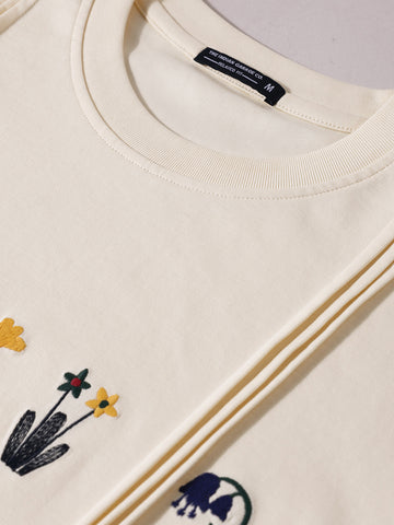 Men's Cream Relaxed Fit Embroided 240 GSM Resort Wear T-Shirt