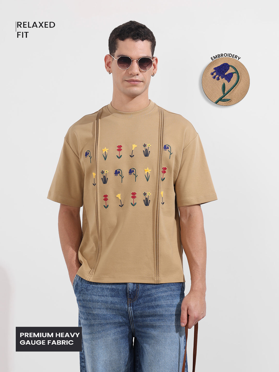 Men's Beige Relaxed Fit Embroided 240 GSM Resort Wear T-Shirt