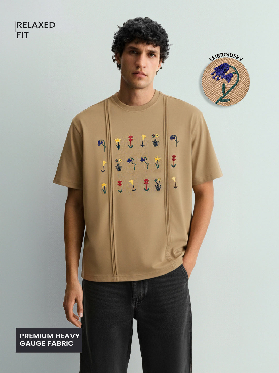 Men's Beige Relaxed Fit Embroided 240 GSM Resort Wear T-Shirt
