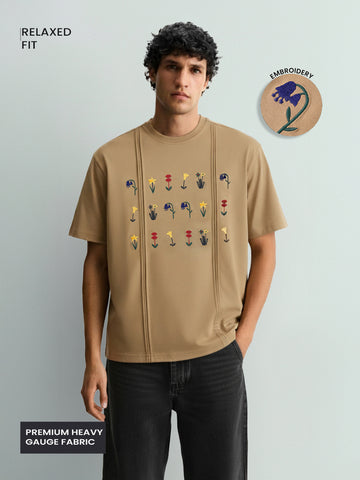 Men's Beige Relaxed Fit Embroided 240 GSM Resort Wear T-Shirt