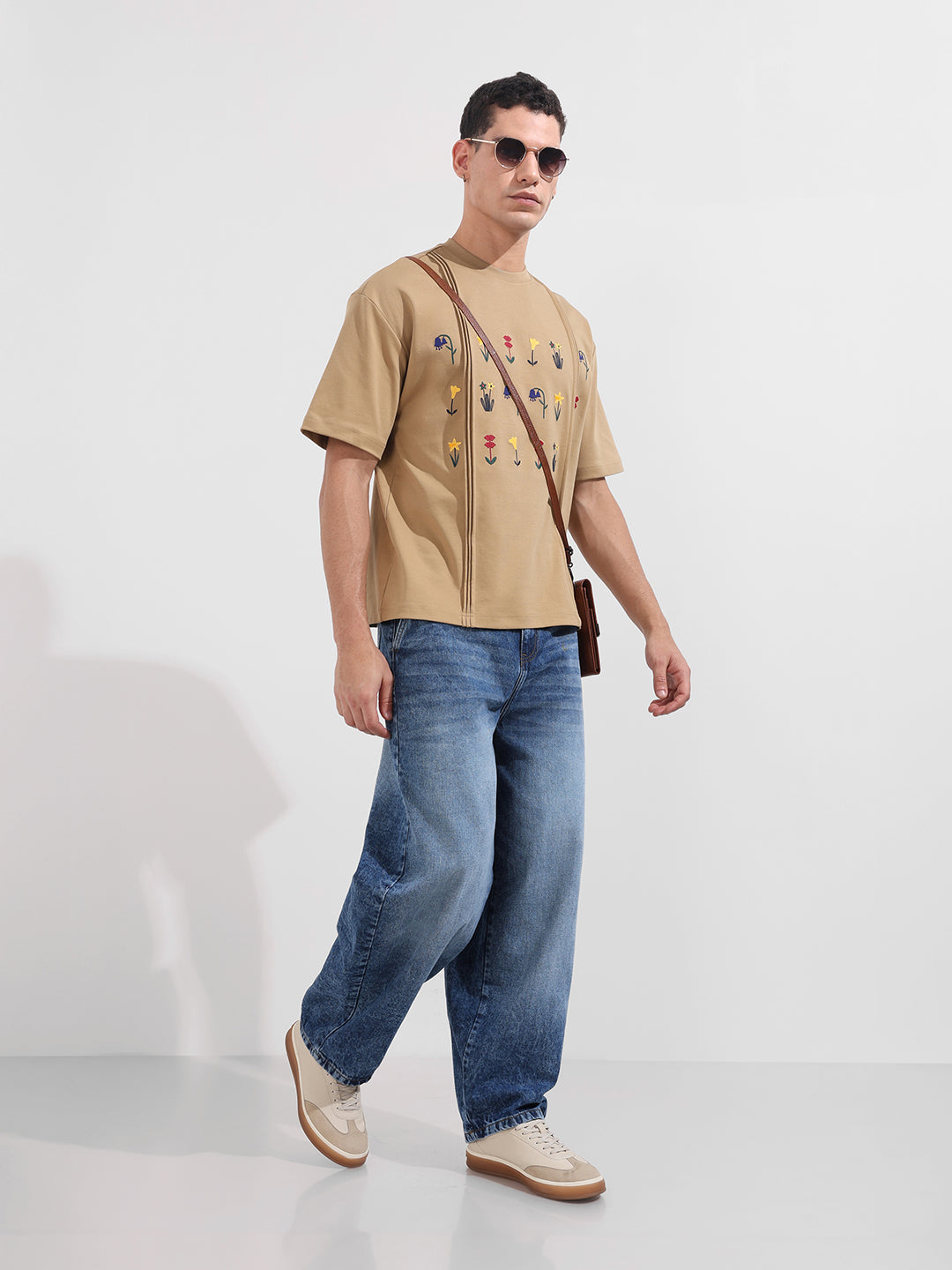 Men's Beige Relaxed Fit Embroided 240 GSM Resort Wear T-Shirt