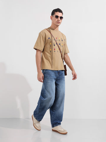 Men's Beige Relaxed Fit Embroided 240 GSM Resort Wear T-Shirt