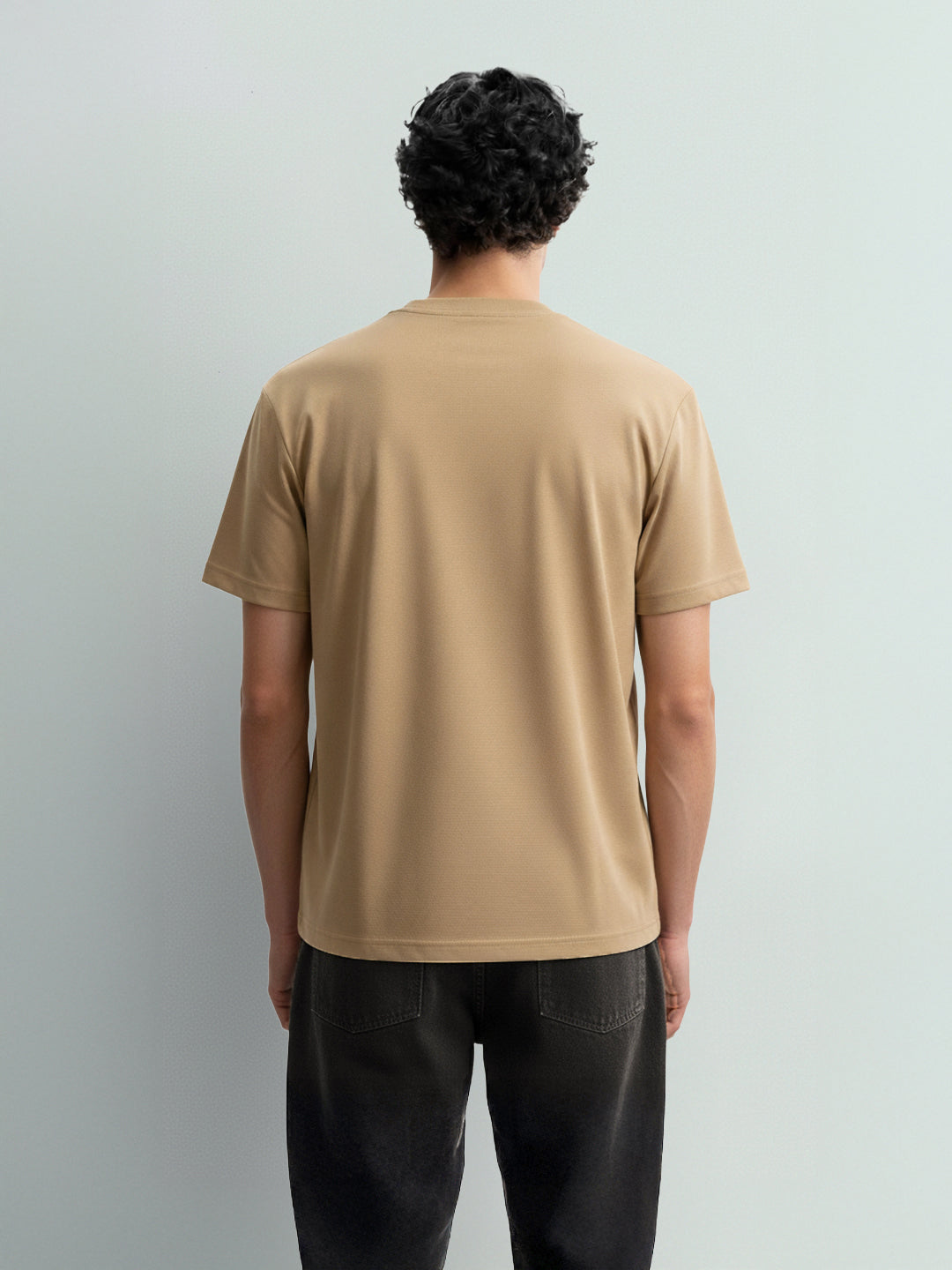 Men's Beige Relaxed Fit Embroided 240 GSM Resort Wear T-Shirt