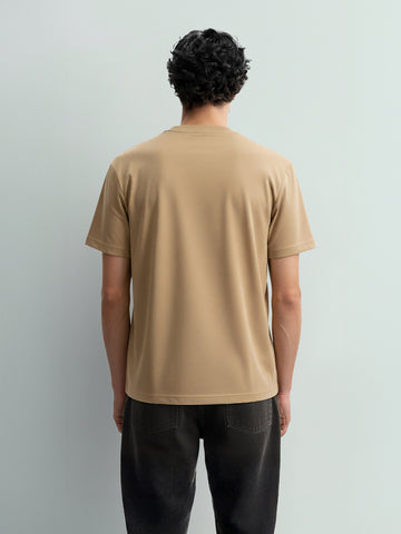 Men's Beige Relaxed Fit Embroided 240 GSM Resort Wear T-Shirt