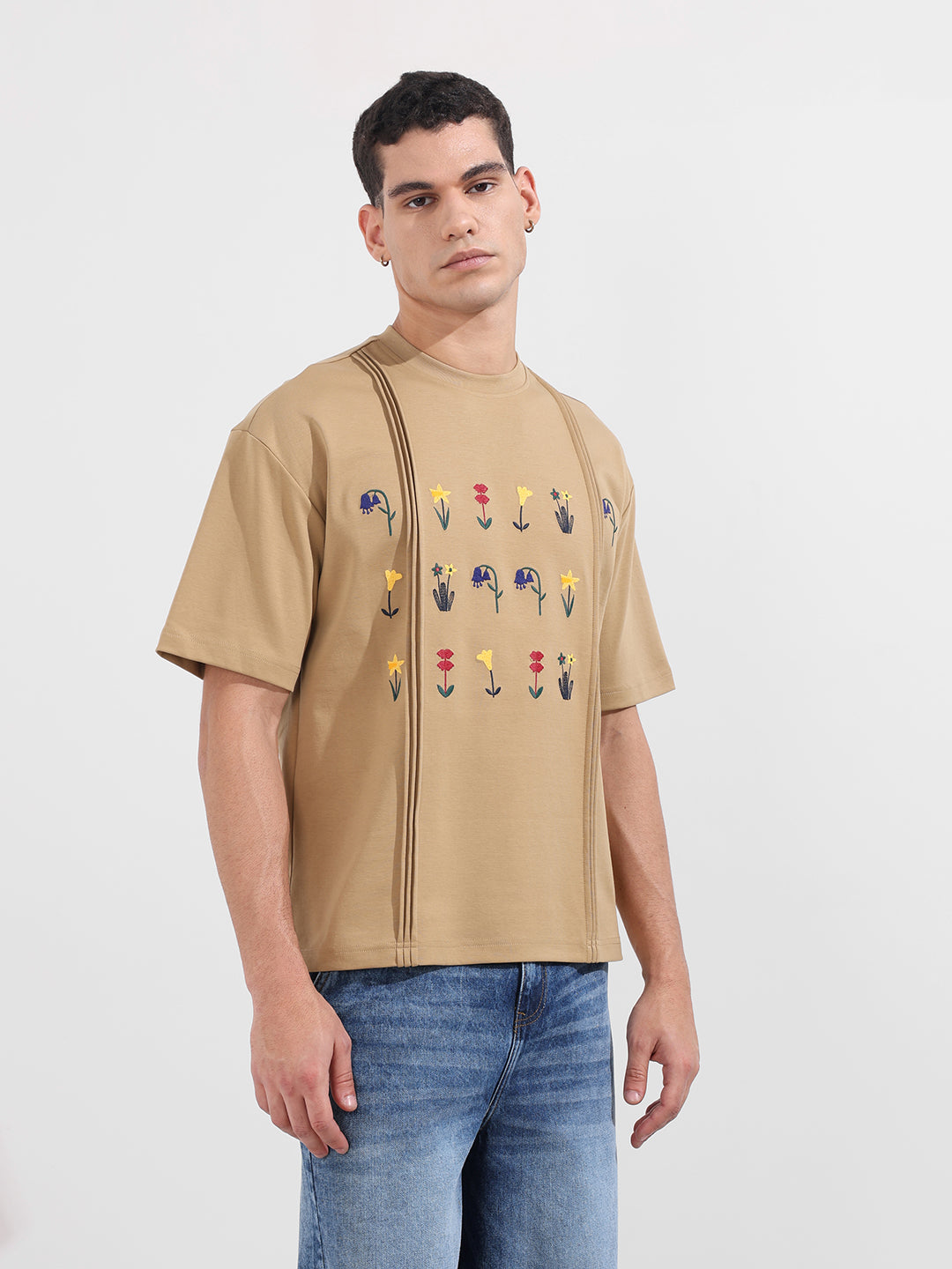 Men's Beige Relaxed Fit Embroided 240 GSM Resort Wear T-Shirt