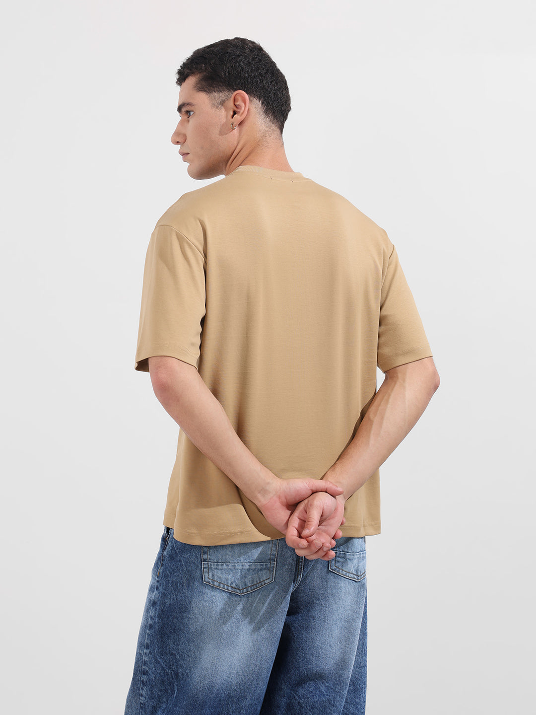 Men's Beige Relaxed Fit Embroided 240 GSM Resort Wear T-Shirt