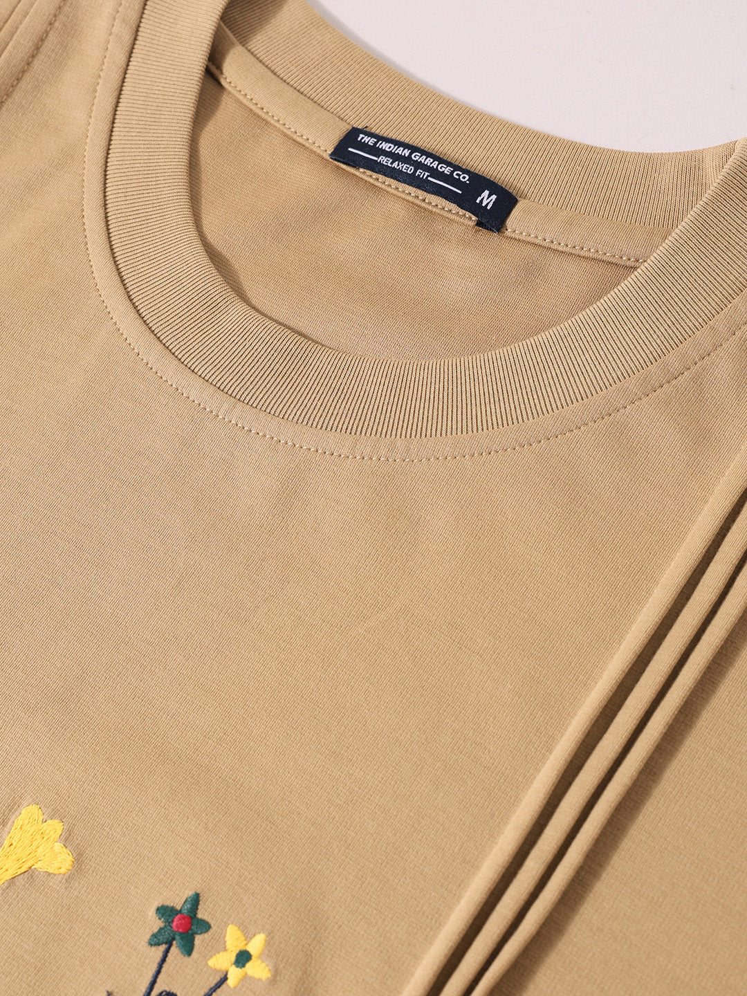 Men's Beige Relaxed Fit Embroided 240 GSM Resort Wear T-Shirt