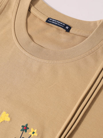 Men's Beige Relaxed Fit Embroided 240 GSM Resort Wear T-Shirt