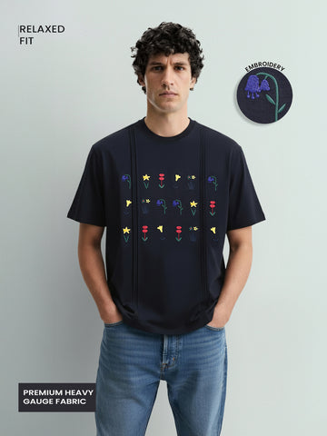 Men's Blue Relaxed Fit Embroided 240 GSM Resort Wear T-Shirt