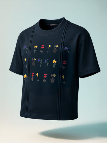 Men's Navy Blue Relaxed Fit Embroided 240 GSM Resort Wear T-Shirt