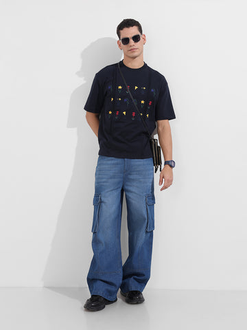 Men's Blue Relaxed Fit Embroided 240 GSM Resort Wear T-Shirt