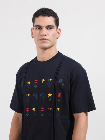 Men's Blue Relaxed Fit Embroided 240 GSM Resort Wear T-Shirt