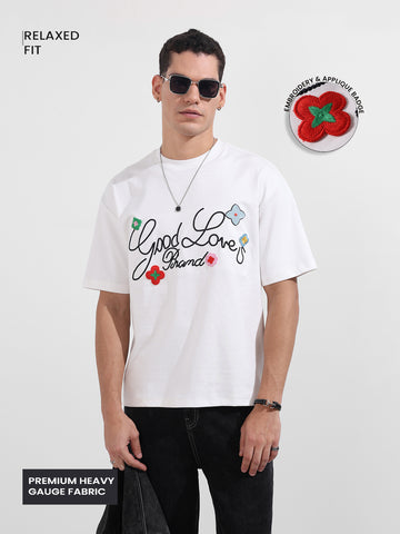 Men's White Relaxed Fit Embroided 240 GSM Resort Wear T-Shirt