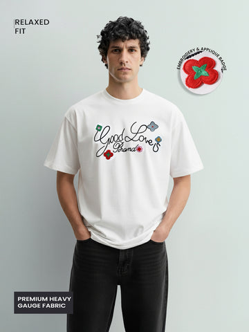 Men's White Relaxed Fit Embroided 240 GSM Resort Wear T-Shirt