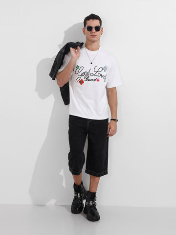 Men's White Relaxed Fit Embroided 240 GSM Resort Wear T-Shirt