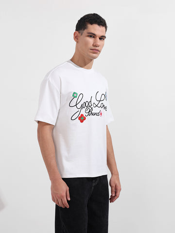 Men's White Relaxed Fit Embroided 240 GSM Resort Wear T-Shirt