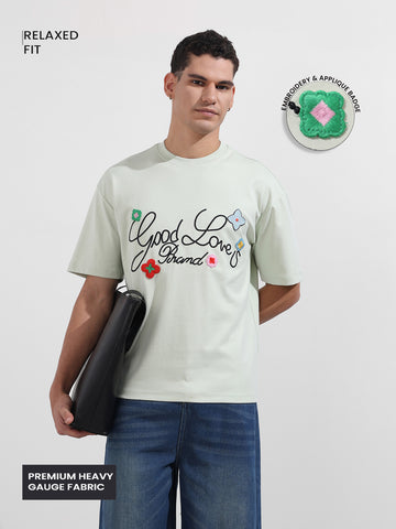 Men's Green Relaxed Fit Embroided 240 GSM Resort Wear T-Shirt