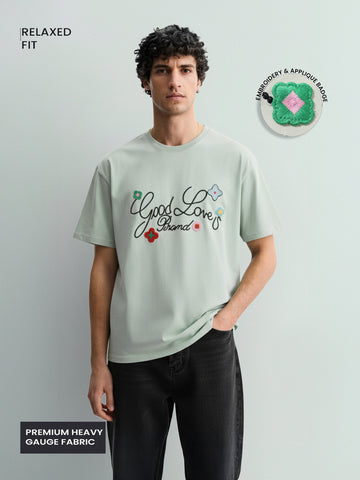 Men's Green Relaxed Fit Embroided 240 GSM Resort Wear T-Shirt