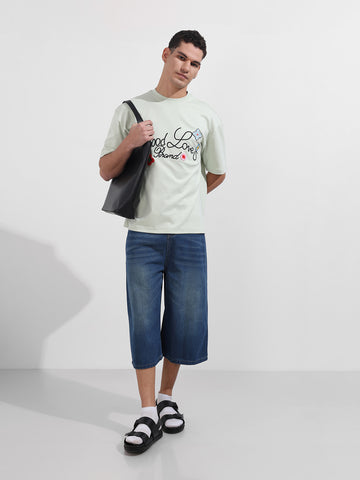 Men's Green Relaxed Fit Embroided 240 GSM Resort Wear T-Shirt