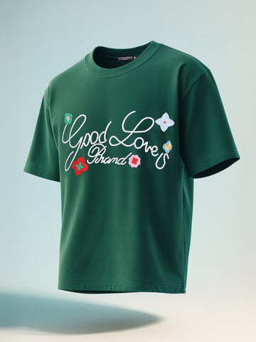 Men's Green Relaxed Fit Embroided 240 GSM Resort Wear T-Shirt