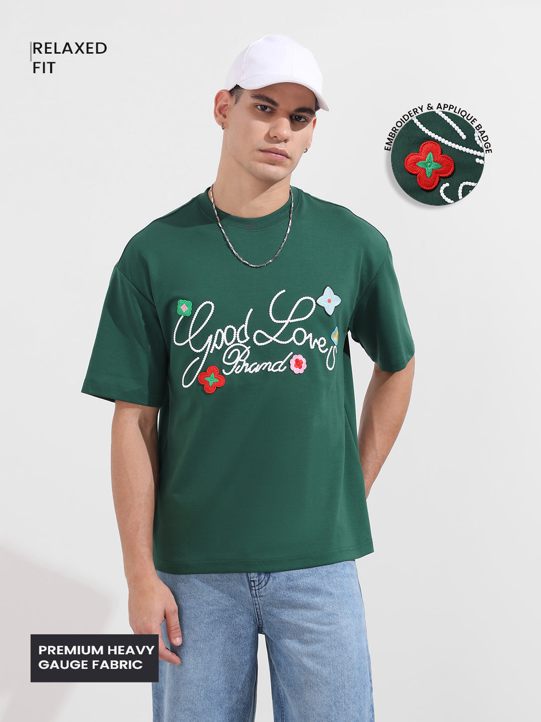 Men's Green Relaxed Fit Embroided 240 GSM Resort Wear T-Shirt