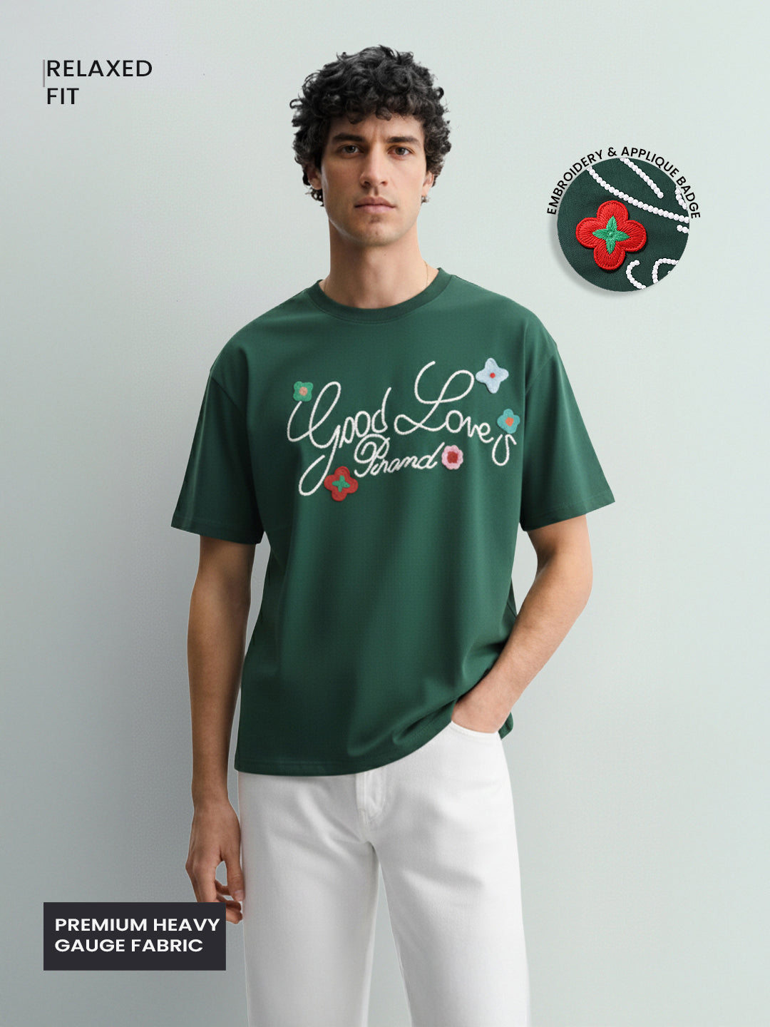 Men's Green Relaxed Fit Embroided 240 GSM Resort Wear T-Shirt