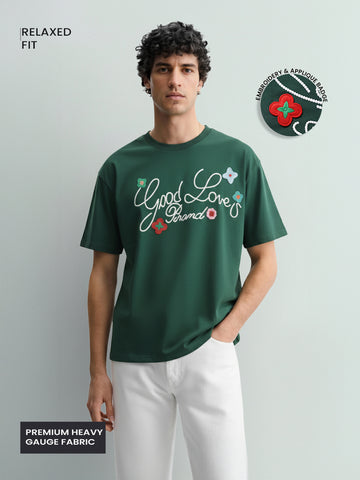 Men's Green Relaxed Fit Embroided 240 GSM Resort Wear T-Shirt