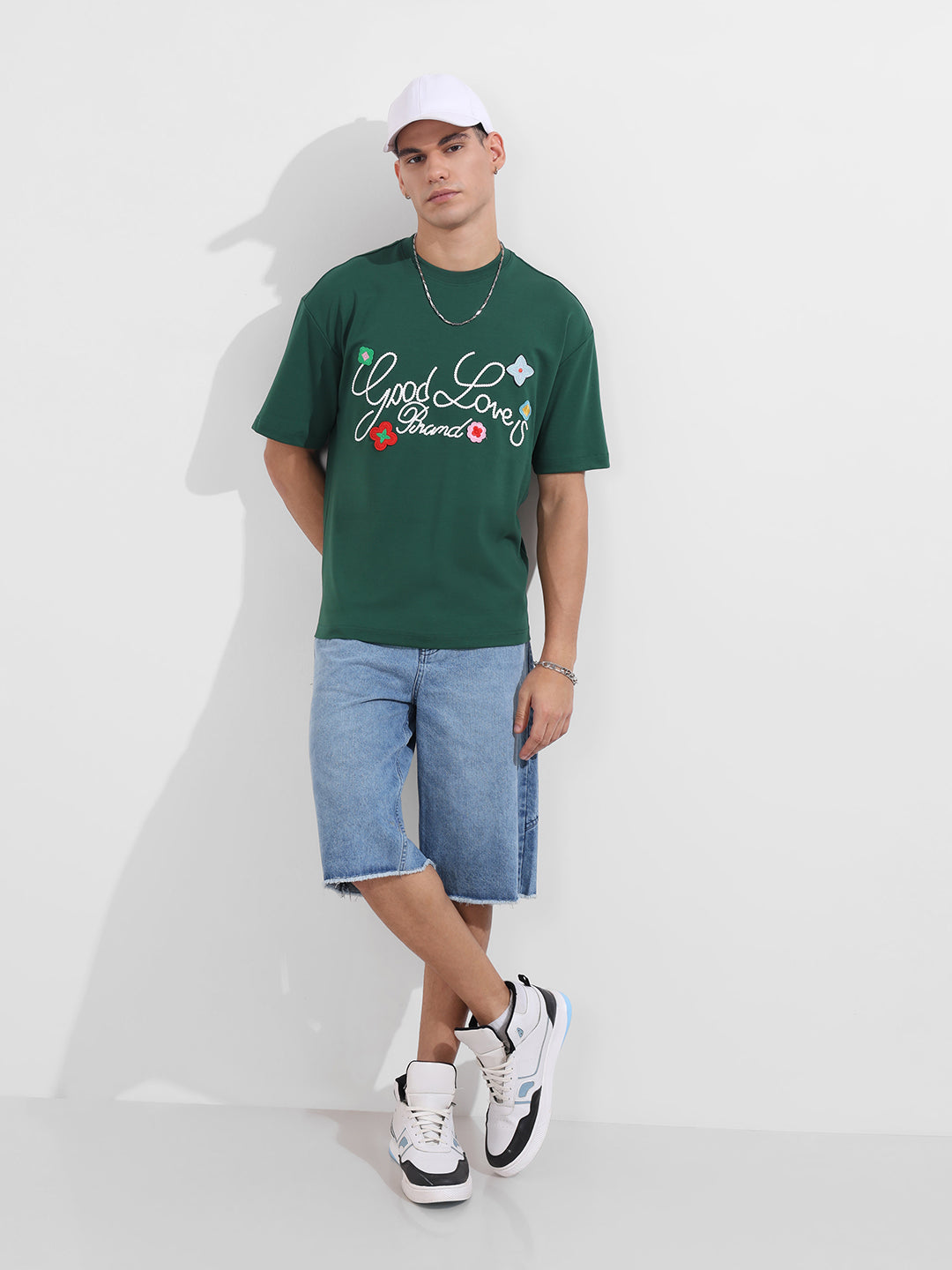 Men's Green Relaxed Fit Embroided 240 GSM Resort Wear T-Shirt
