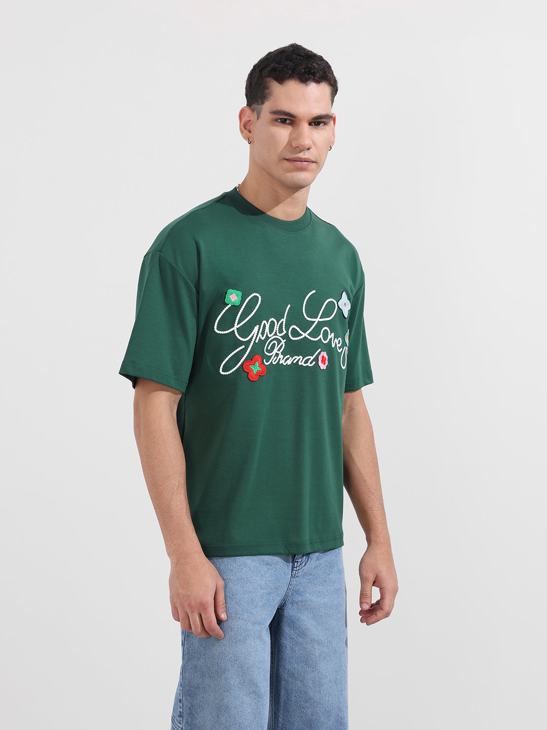 Men's Green Relaxed Fit Embroided 240 GSM Resort Wear T-Shirt