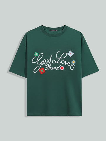 Men's Green Relaxed Fit Embroided 240 GSM Resort Wear T-Shirt