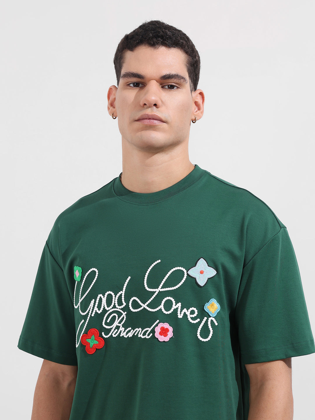 Men's Green Relaxed Fit Embroided 240 GSM Resort Wear T-Shirt