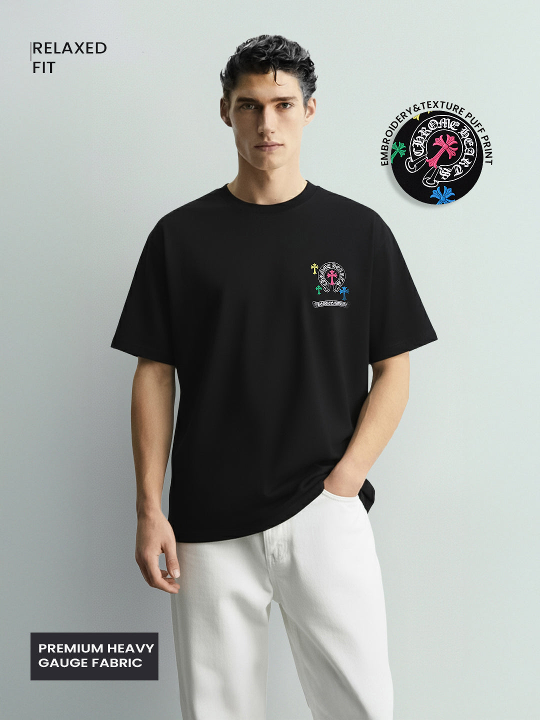 Men's Black Relaxed Fit Embroided 240 GSM Casual T-Shirt