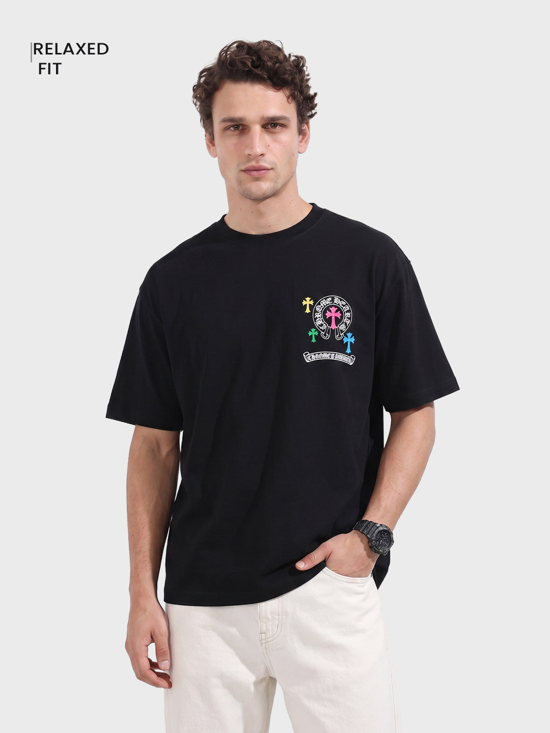 Men's Black Relaxed Fit Embroided 240 GSM Casual T-Shirt