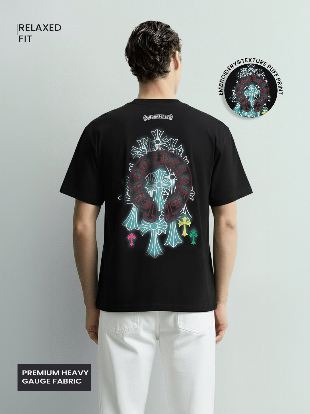 Men's Black Relaxed Fit Embroided 240 GSM Casual T-Shirt