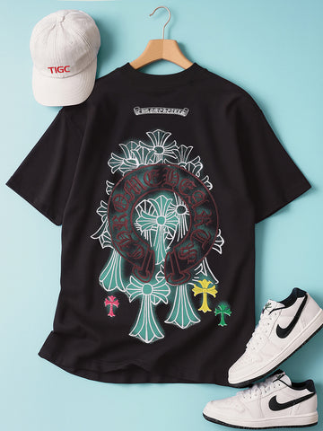 Men's Black Relaxed Fit Embroided 240 GSM Casual T-Shirt