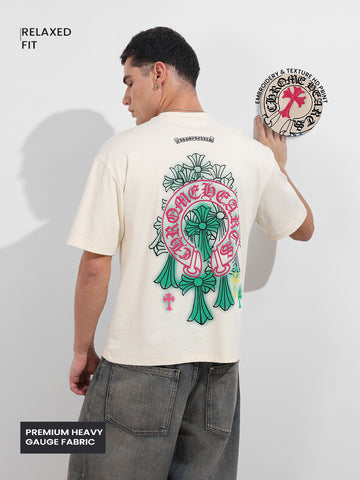 Men's Cream Relaxed Fit Embroided 240 GSM Casual T-Shirt