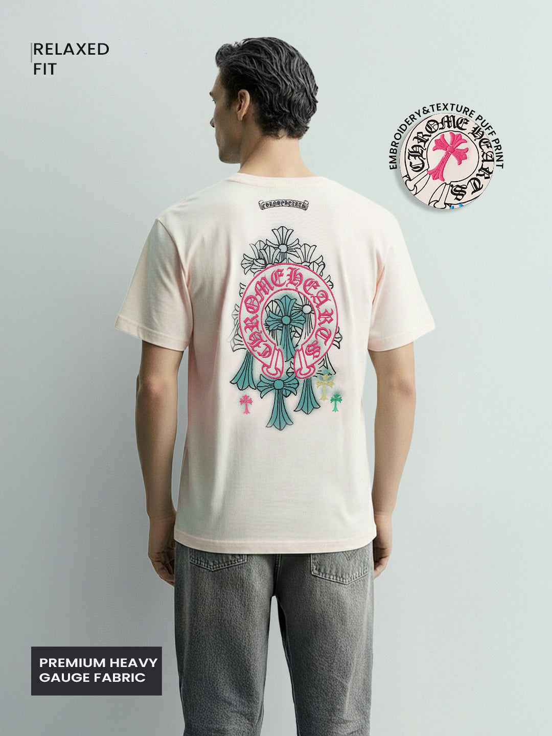 Men's Cream Relaxed Fit Embroided 240 GSM Casual T-Shirt