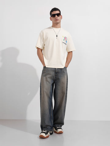 Men's Cream Relaxed Fit Embroided 240 GSM Casual T-Shirt