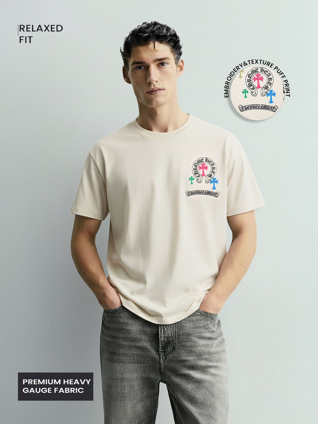 Men's Cream Relaxed Fit Embroided 240 GSM Casual T-Shirt